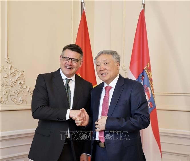 Vietnamese Deputy Prime Minister Nguyen Hoa Binh (R) shakes hands with Minister-President of Germany’s State of Hessen Boris Rhein. (Photo: VNA)