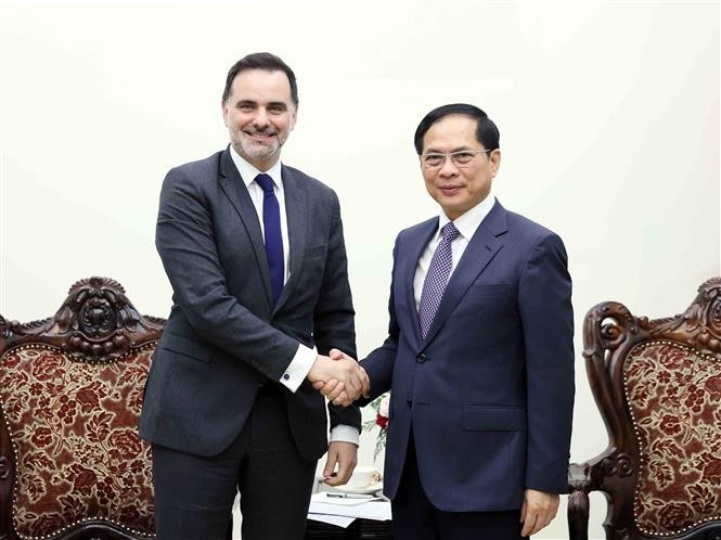 Deputy Prime Minister and Minister of Foreign Affairs Bui Thanh Son (right) and French Minister Delegate for Foreign Trade and French Nationals Abroad Laurent Saint-Martin in Hanoi on April 12 (VNA)