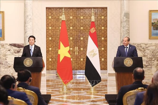 Vietnamese State President Luong Cuong (L) and Egyptian President Abdel Fattah El-Sisi meet with the press to inform the outcomes of their talks on August 5 in Cairo. (Photo: VNA)