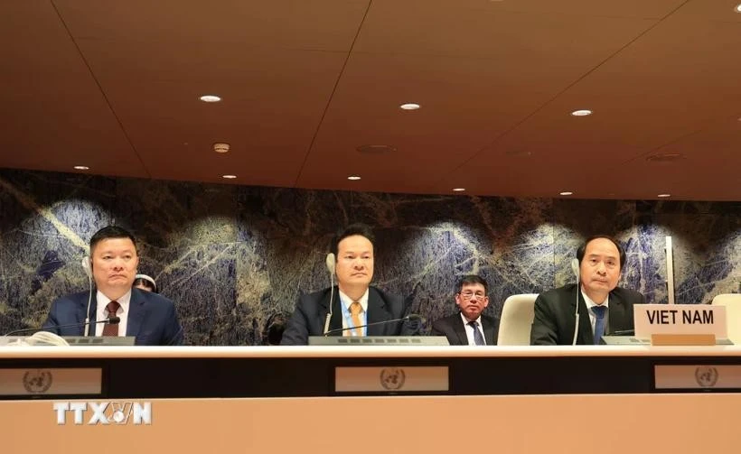 The Vietnamese delegation at the session for defending reports on the implementation of the United Nations Convention on the Rights of Persons with Disabilities (CRPD) at the UN headquarters in Geneva on March 6. (Photo: VNA)