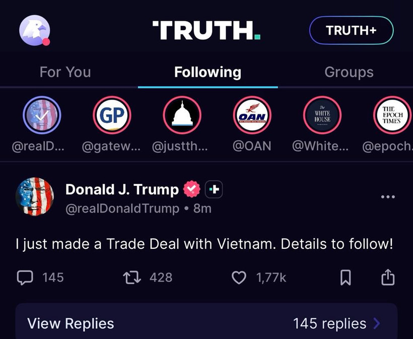 US President Donald Trump posts on the social media platform Truth Social that he just made a trade deal with Vietnam. (Screenshot photo)