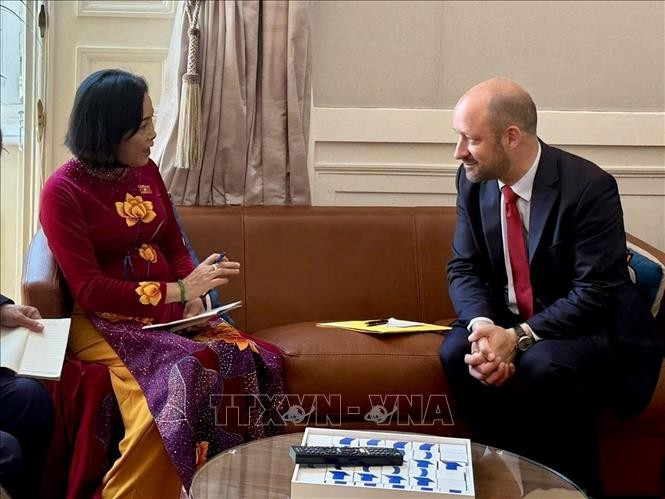 National Assembly Vice Chairwoman Nguyen Thi Thanh (L) holds talks with French Senate Vice President Loic Hervé. (Photo: VNA)