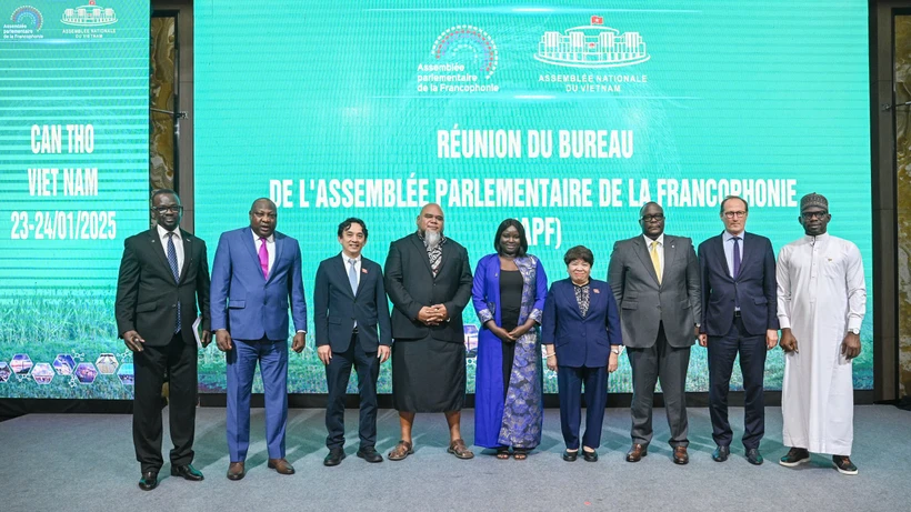 Delegates pose for a photo at the closing session of the APF Executive Committee's meeting. (Photo: VNA)