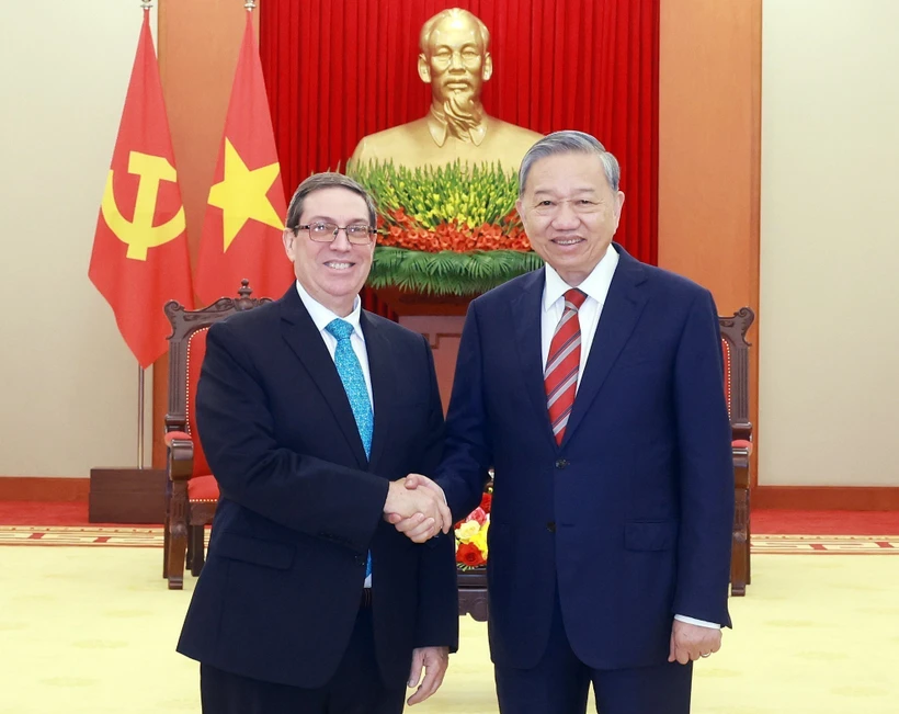 General Secretary of the Communist Party of Vietnam Central Committee To Lam (R) and Cuba's Politburo member and Minister of Foreign Affairs Bruno Rodriguez Parrilla in Hanoi on February 19. (Photo: VNA)