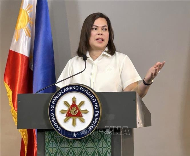 Philippine Vice President Sara Duterte in a press conference in Manila in February 7, 2025 (Photo: Kyodo/VNA)
