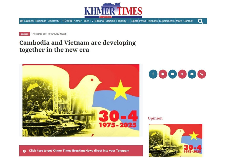 The article titled “Cambodia and Vietnam are developing together in the new era” published on Khmer Times on April 23 (Screenshot photo)