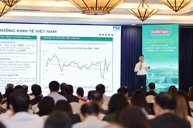 Bui Thanh Minh, deputy director of the Office of the Research and Development Board for the Private Economic Sector, speaks at “Sustainable Development 2025: A New Era for Green Growth,” a seminar held in HCM City on August 28. (Photo courtesy of the organiser)