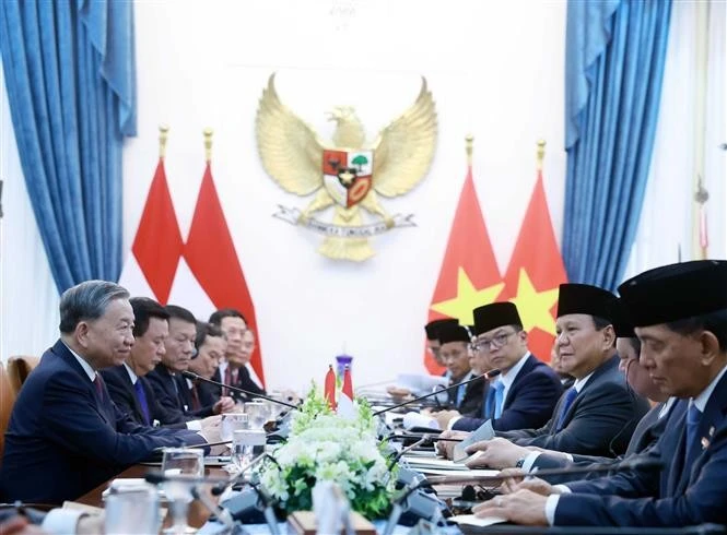 General Secretary of the Communist Party of Vietnam (CPV) Central Committee To Lam holds talks with Indonesian President Prabowo Subianto in Jakarta on March 10. (Photo: VNA)