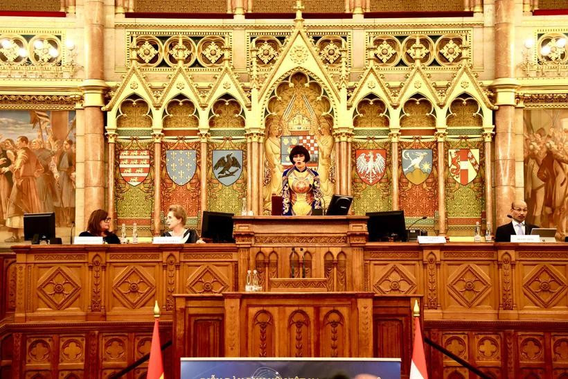 Dr Phan Bich Thien, President of the Vietnamese Women’s Forum in Europe and head of the organising committee, speaks at the event on June 15. (Photo: VNA)