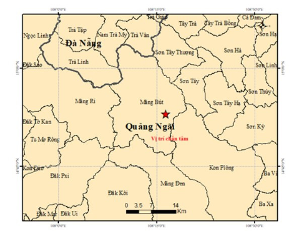 Map of earthquake epicentre in Mang But commune, Quang Ngai province. 