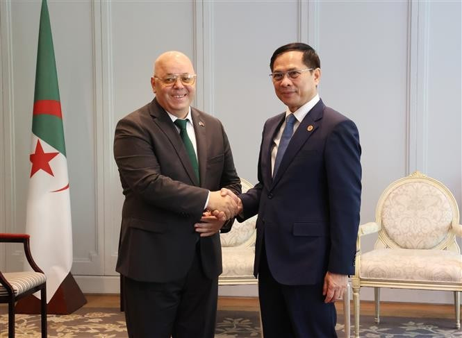 Deputy PM and FM Bui Thanh Son (R) welcomed Algeria’s Minister Mujahedeen and Rights Holders Laid Rebiga (Photo: VNA)