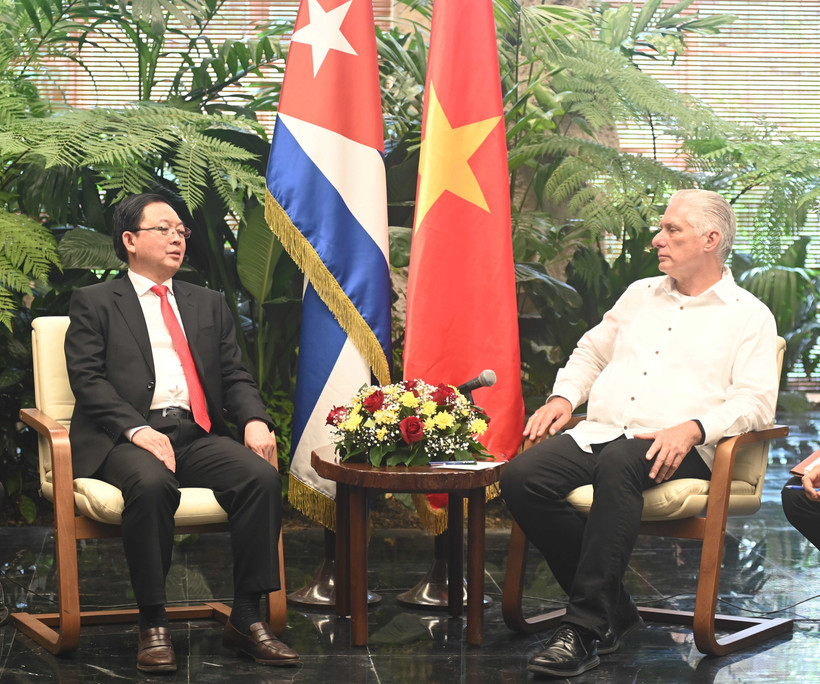 First Secretary of the Communist Party of Cuba Central Committee and President of Cuba Miguel Díaz-Canel Bermúdez (right) receives Deputy Prime Minister Ho Quoc Dung. (Photo: VNA)