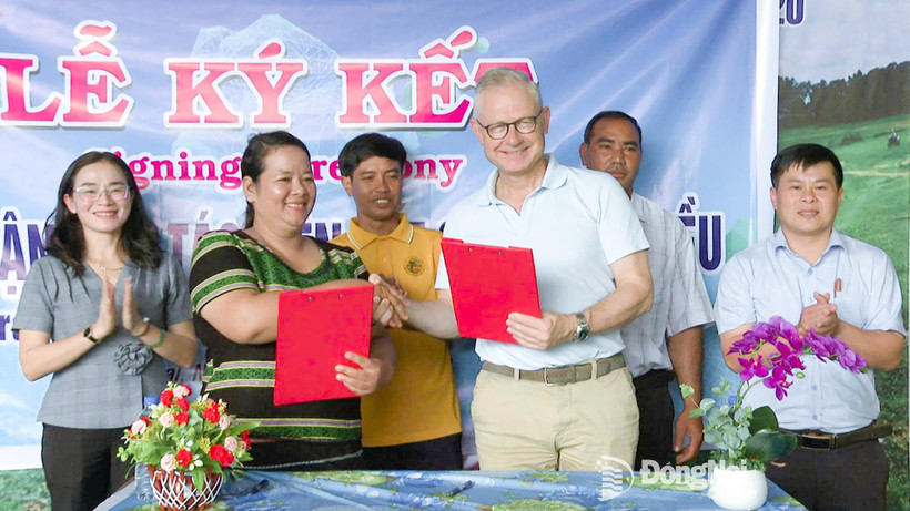 Thi Khui, Director of Bu Lach Organic Cashew Cooperative, signs a cashew purchasing cooperation agreement with a representative of Intersnack Vietnam Cashew Company Limited. (Photo: Dong Nai Newspaper)
