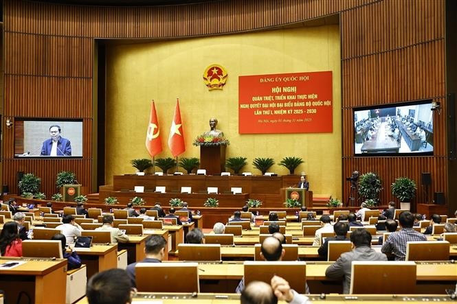 NA Chairman Tran Thanh Man speaks at the conference for disseminating and implementing the resolution of the first Congress of the NA Party Organisation, the 2025–2030 tenure, in Hanoi on November 1, 2025 (Photo: VNA)