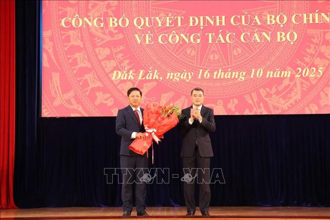 Head of the Party Central Committee's Organisation Commission Le Minh Hung (right) presents the Politburo’s decision to Luong Nguyen Minh Triet (Photo: VNA)