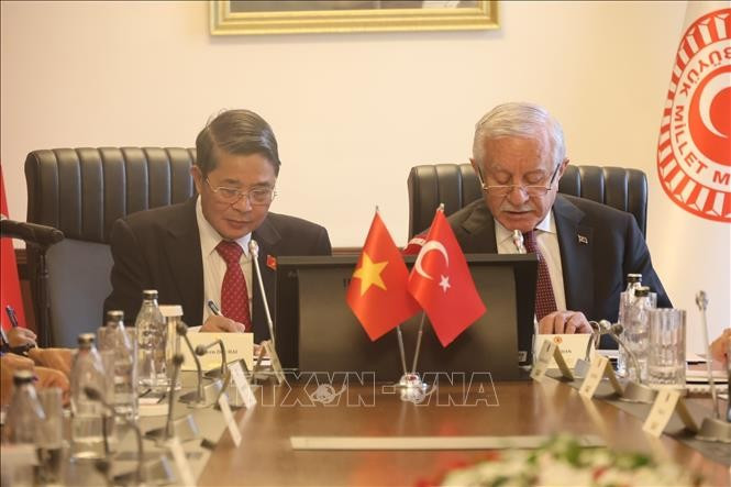 NA Vice Chairman Nguyen Duc Hai (left) holds talks with Deputy Speaker of the Turkish Grand National Assembly Celal Adan. (Photo: VNA)