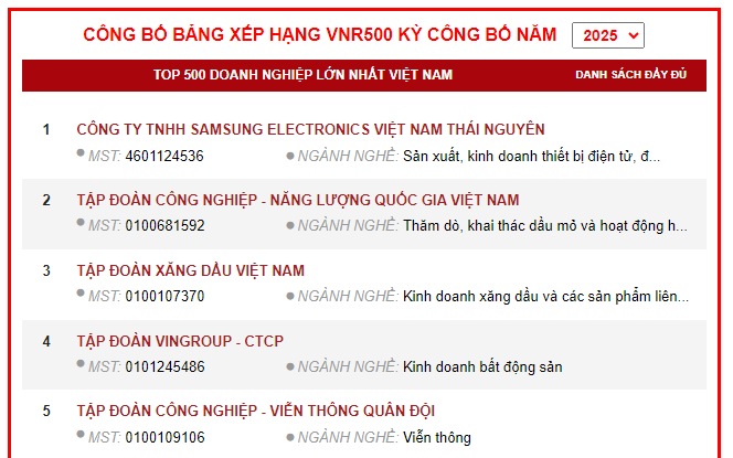 The list of top 500 largest enterprises in Vietnam 2025