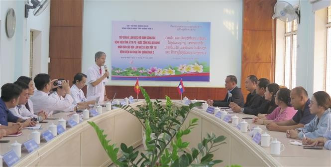 Doctors from Quang Ngai 2 General Hospital and Attapeu provincial Hospital in Laos share experience. (Photo: VNA)