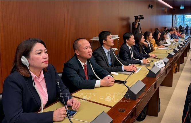 Deputy head of the Vietnamese delegation in Geneva Cung Duc Han (fourth from left) and members of the inter-agency Vietnamese delegation, during the voting on resolutions. (Photo: VNA)