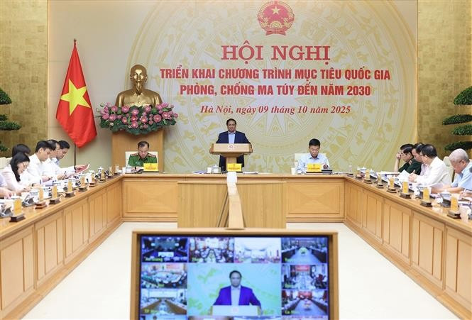 Prime Minister Pham Minh Chinh addresses the nationwide teleconference to launch the National Target Programme on Drug Prevention and Control to 2030 on October 9. (Photo: VNA)