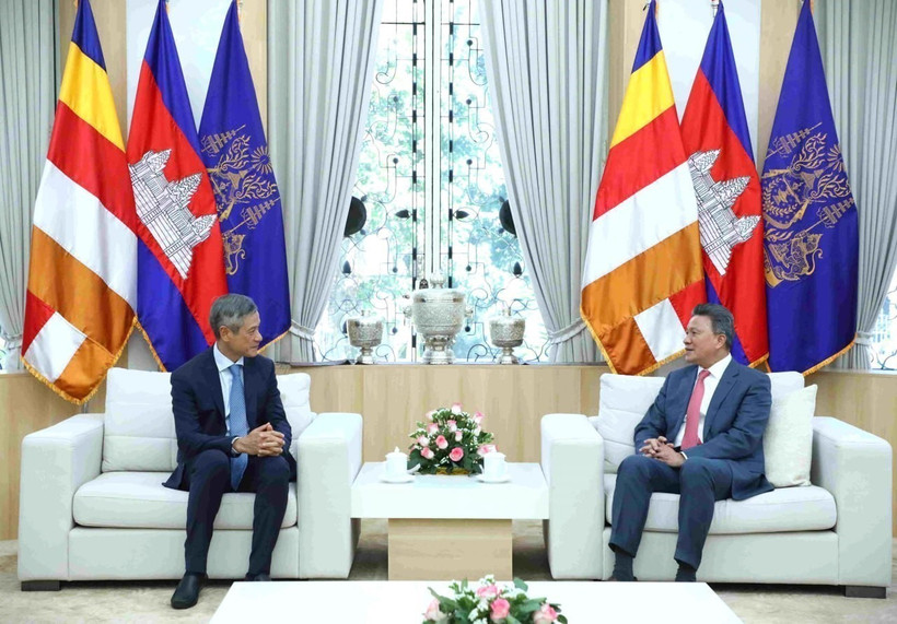 Vietnamese Ambassador to Cambodia Nguyen Minh Vu (L) and Cambodian Deputy Prime Minister and First Vice Chairman of the Council for the Development of Cambodia Sun Chanthol (Photo: VNA)