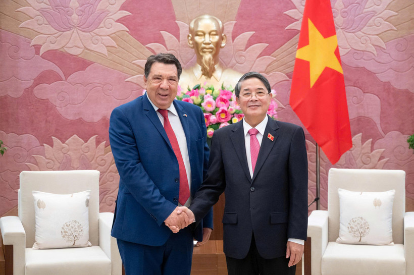 National Assembly Vice Chairman Nguyen Duc Hai (R) and Gabriel Petridis, Honorary Consul of Vietnam in Greece’s Piraeus and chairperson of the Aries Energy & Transport Corp., at their meeting in Hanoi on November 10. (Photo: quochoi.vn)