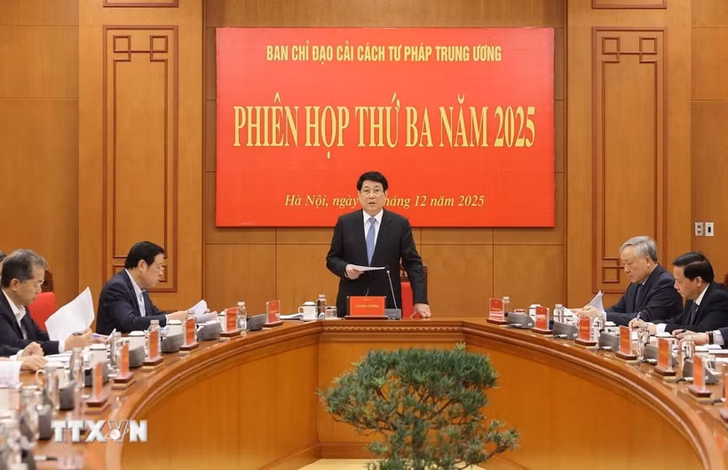 State President Luong Cuong addresses the third meeting of the Central Steering Committee for Judicial Reform in Hanoi on December 25. (Photo: VNA)