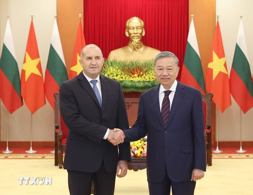 Party General Secretary To Lam (R) receives President of the Republic of Bulgaria Rumen Radev on the occasion of the later's official visit to Vietnam in 2024. (Photo: VNA)