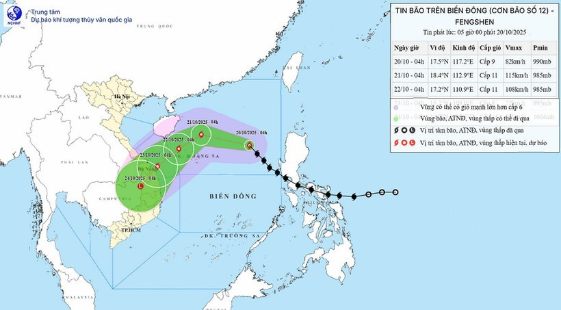 The movement of Typhoon Fengshen as of 5:00 on October 20. (Source: National Centre for Hydro-Meteorological Forecasting)