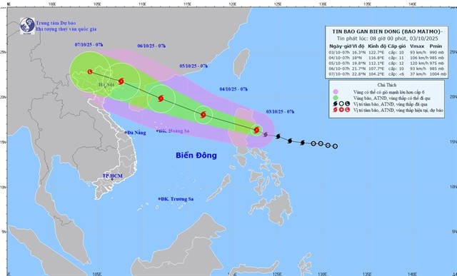 Typhoon Matmo's location at 7am on October 3 and its forecast path in the next few days. (Photo: thoitietvietnam.gov.vn)