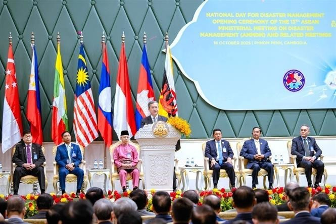 Cambodian Prime Minister Hun Mane addresses the 13th ASEAN Ministerial Meeting on Disaster Management (AMMDM) and the 14th Meeting of the Conference of Parties (COP) to the ASEAN Agreement on Disaster Management and Emergency Response (AADMER). (Photo: AKP/VNA)