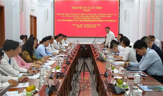 The working session between the Can Tho Party Committee and Consul General of China in Ho Chi Minh City Tang Li. (Photo: VNA)