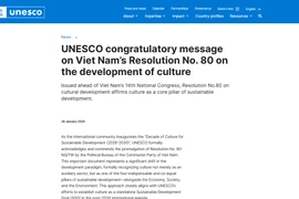 UNESCO posts a congratulatory message on Vietnam's Resolution 80 on the development of Vietnamese culture (The image taken from the screenshot).