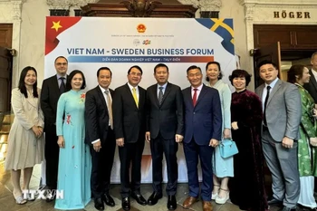 Vietnamese Ambassador to Sweden Tran Van Tuan poses for a group photo with a delegation from Hai Phong city at the Vietnam-Sweden Business Forum 2024 in Stockholm. (Photo: VNA)