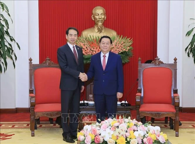 Politburo member, Secretary of the Party Central Committee and Chairman of its Commission for Information, Education and Mass Mobilisation Nguyen Trong Nghia (right) shakes hands with Chinese Ambassador to Vietnam He Wei at their meeting on March 19. (Photo: VNA)