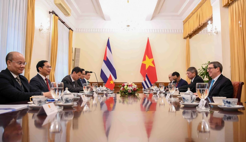 At the talks between Vietnamese Deputy Prime Minister and Minister of Foreign Affairs Bui Thanh Son (second, left) and Cuban Minister of Foreign Affairs Bruno Rodríguez Parrilla (first, right). (Photo: VNA)