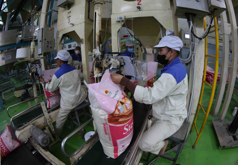 Rice is packaged at Loc Troi Group’s factory in An Giang province. (Photo: VNA) 