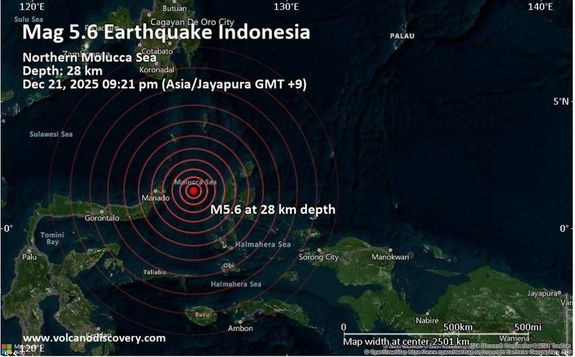 A strong magnitude 5.6 earthquake occurred in the Maluku Sea near Pulau Mayu island, Indonesia, December 21, 2025, 9.21 pm local time (Photo: volcanodiscovery.com)
