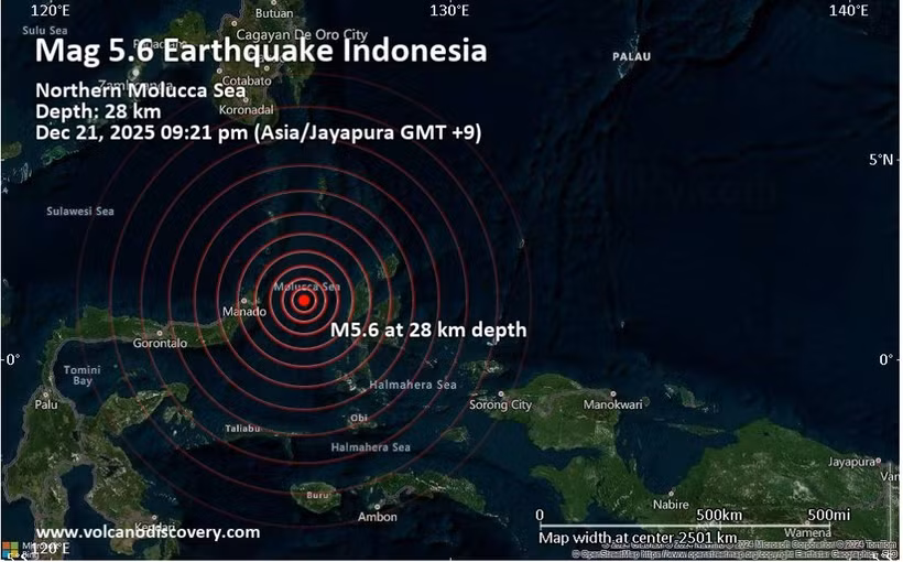 A strong magnitude 5.6 earthquake occurred in the Maluku Sea near Pulau Mayu island, Indonesia, December 21, 2025, 9.21 pm local time (Photo: volcanodiscovery.com)