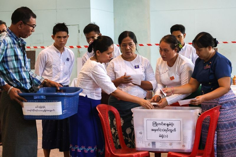 Election Commission officials count ballots at a polling station during Myanmar's general election in Yangon, Myanmar, on December 28, 2025. (Photo: Reuters)