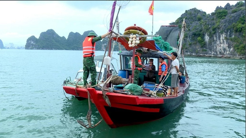 Officers of the Hon Gai port border gate guard station coordinate inspections and handle vessels engaged in illegal fishing activities in Ha Long Bay. (Photo: Quang Ninh Newspaper) 