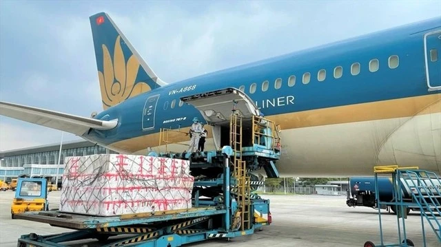 A worker uploads cargo on an aircraft of Vietnam Airlines. (Photo VNA) 