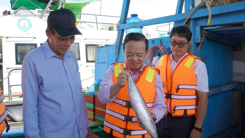 Vice Chairman of the Ho Chi Minh City People’s Committee Bui Minh Thanh inspects seafood unloaded from a fishing boat. (Photo: nongnghiepmoitruong.vn) 
