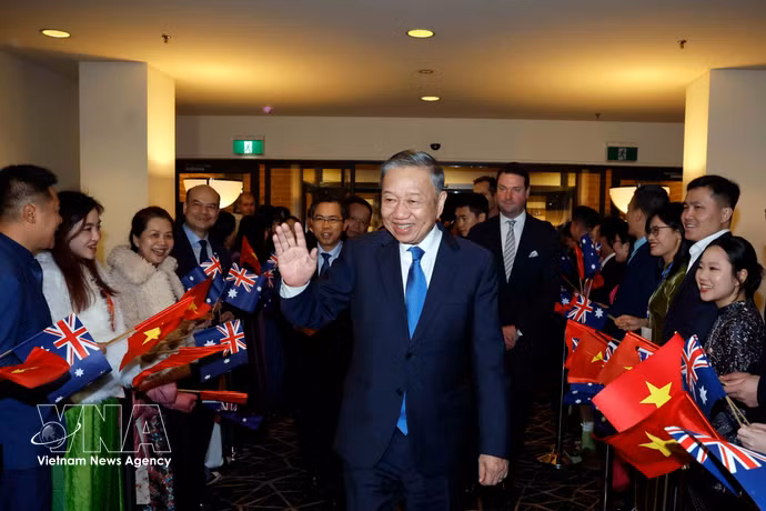 Officials and staff of the Vietnamese Embassy and representatives of the Vietnamese community in Australia welcome Party General Secretary and President To Lam at Canberra Airport on August 10, 2026. (Photo: VNA)