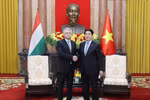Vietnamese President Luong Cuong (R) and Speaker of the Hungarian National Assembly Kover Laszlo meet in Hanoi on October 20. (VNA)