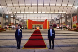 Security personnel are on duty in the main lobby of ​​the National Convention Centre. (Photo: VNA)