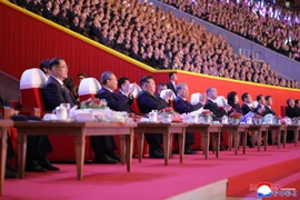 General Secretary of the Workers' Party of Korea and President of the State Affairs Kim Jong Un and other leaders attend an art performance to celebrate the 80th founding anniversary of the Workers' Party of Korea at the Rungrado 1st of May Stadium in Pyongyang on the evening of October 9. (Photo: KCNA)
