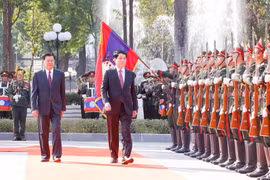 State President Luong Cuong (R) and General Secretary of the Lao People's Revolutionary Party (LPRP) Central Committee and President of Laos Thongloun Sisoulith review the guard of honour at the welcome ceremony on April 24 afternoon. (Photo: VNA)