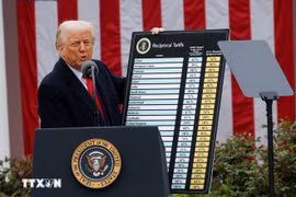 US President Donald Trump announces new reciprocal tariffs at the White House on April 2. (Photo: Reuters/VNA)