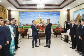 Vietnamese Ambassador Nguyen Minh Tam (L) presents a flower basket from Party General Secretary To Lam to the Lao People's Revolutionary Party to congratulate its 70th anniversary. (Photo: VNA)